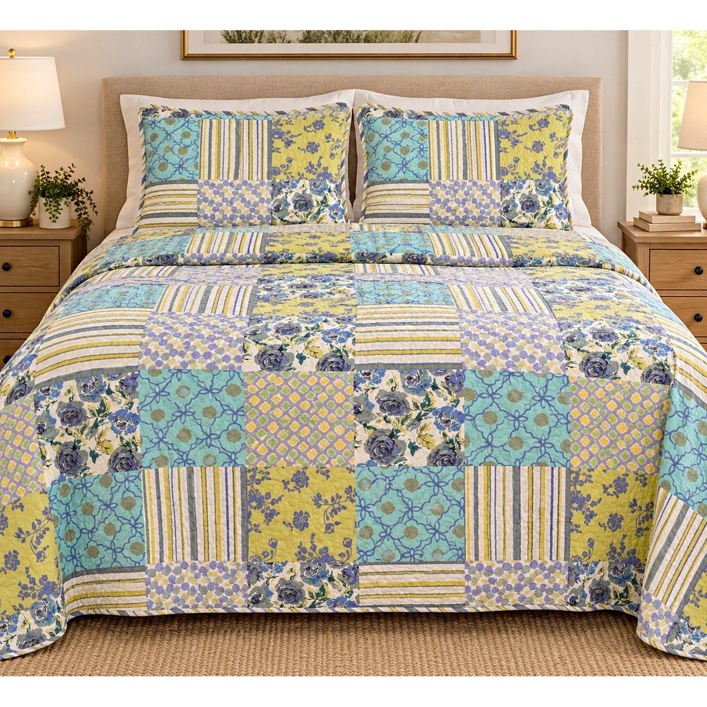 CMN Home Full Queen Quilt Set 2 Shams Patchwork Floral Cottage Farmhouse 87x100
